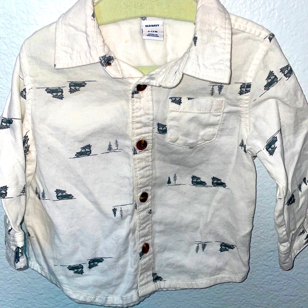 Gently Used 6-12 Months Old Navy White Print Cotton Long Sleeve Button Down
